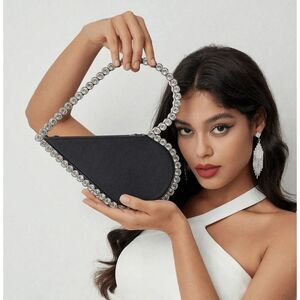 ❤️💎 Jeweled Handle Sparkling Rhinestone Heart Shaped Black Clutch Purse Bag NEW